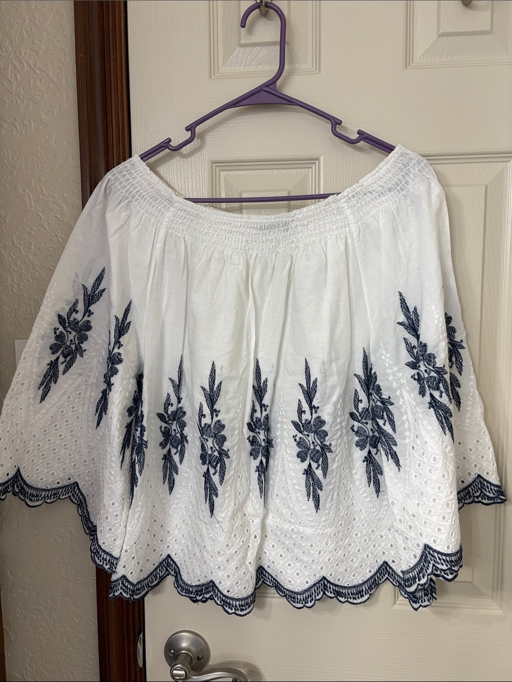 White Off-Shoulder Top with Navy Floral Embroidery